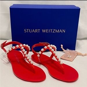 Stuart Weitzman Red Pearl-Trimmed Thong Sandals